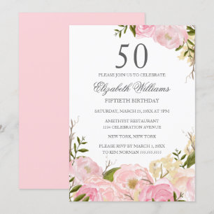 Pink Blush Waterverf Floral 50th Birthday Invite Kaart