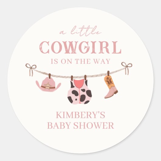 Pink Boho Cowgirl Clothesline Koeienhuid Baby show Ronde Sticker (Voorkant)