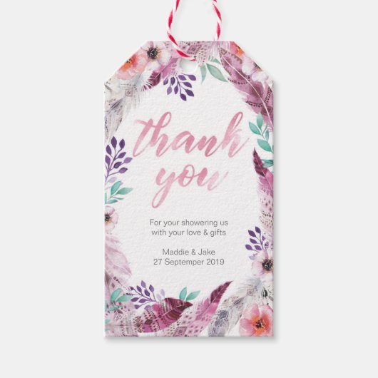 Pink Boho Feather dank u voor labels Cadeaulabel (Voorkant)