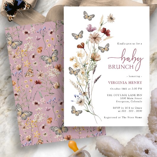 Pink Boho Floral Baby Brunch Kaart