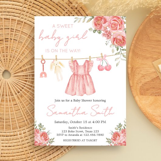 Pink Boho Floral Baby shower Kaart