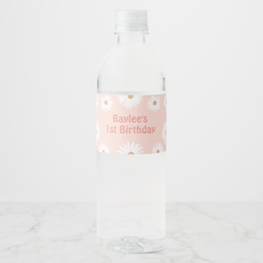 Pink Boho Retro Daisy Birthday Party Waterfles Etiket