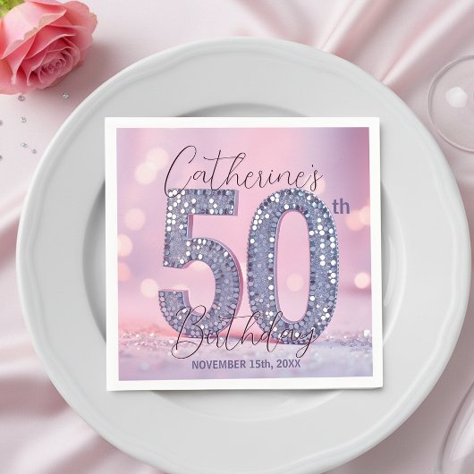 Pink Bokeh Glam Silver Glitter 50th Birthday Servet