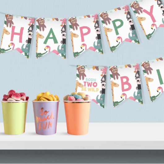 Pink Born Two Be Wild Birthday Vlaggetjes