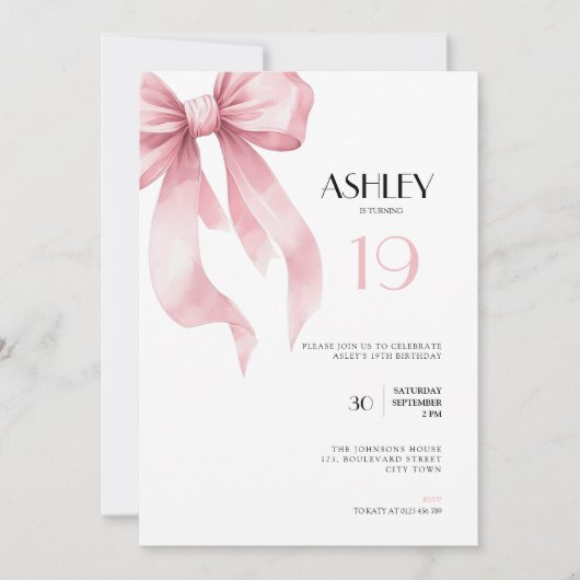 Pink Bow 19th Birthday Invitation for Girls (Devant)