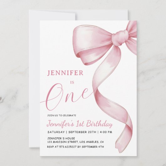 Pink Bow 1er Anniversaire Fille Invitation (Devant)