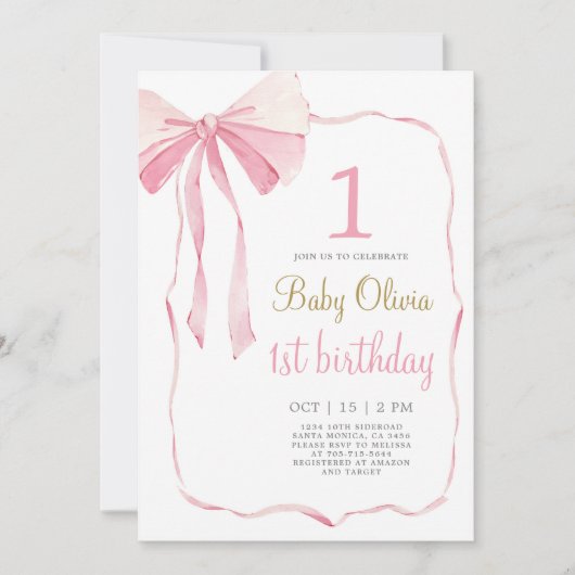 Pink Bow 1er anniversaire Invitation (Devant)