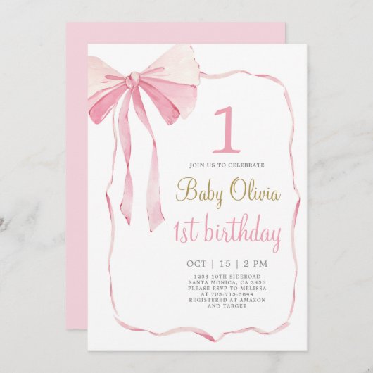 Pink Bow 1er anniversaire Invitation (Devant / Derrière)