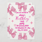Pink Bow 1er anniversaire Invitation Girl (Devant / Derrière)