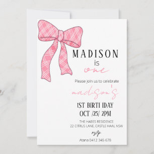 Pink Bow 1er Anniversaire Invitation Girl, premièr