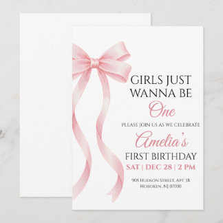 Pink Bow 1st Birthday Invitation for Baby Girl Kaart