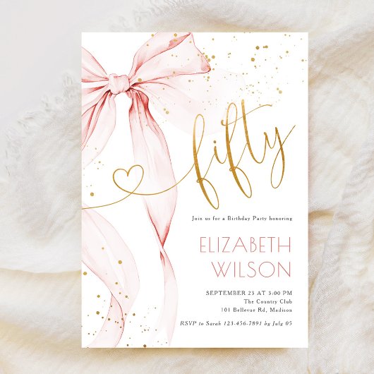 Pink Bow 50th Birthday Invitation