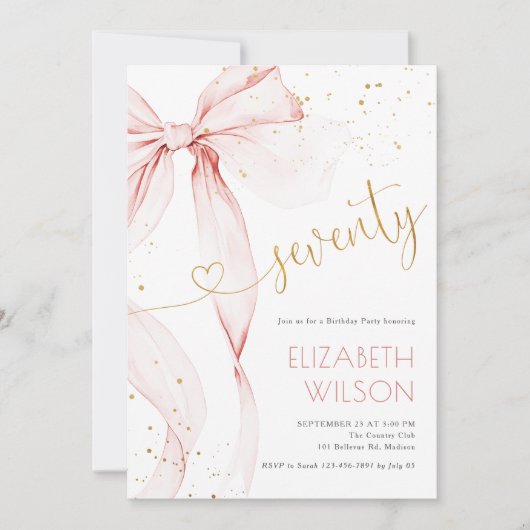 Pink Bow 70th Birthday Invitation Kaart (Voorkant)