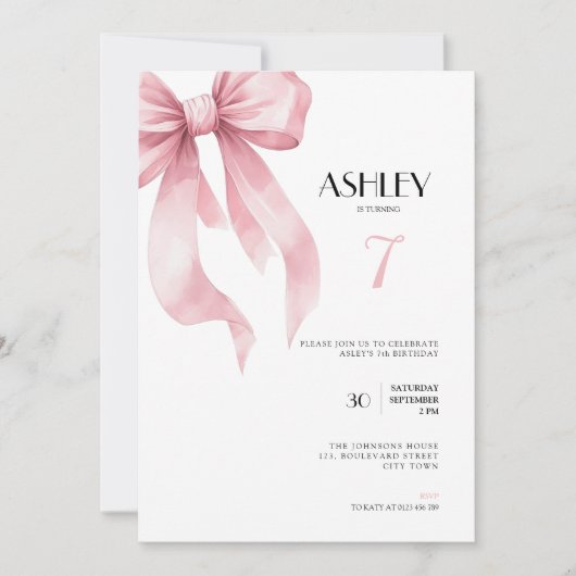Pink Bow 7th Birthday Invitation for Girls Kaart (Voorkant)