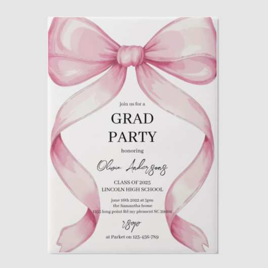Pink Bow Afstuderen Uitnodiging | Elegant modern (Voorkant)