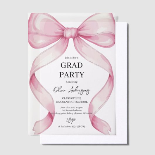 Pink Bow Afstuderen Uitnodiging | Elegant modern (Offset)
