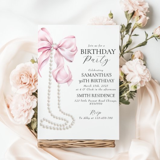 Pink Bow and Pearls 30th Birthday Party Invitation