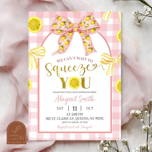 Pink Bow and Yellow Lemon Baby Shower Invitation