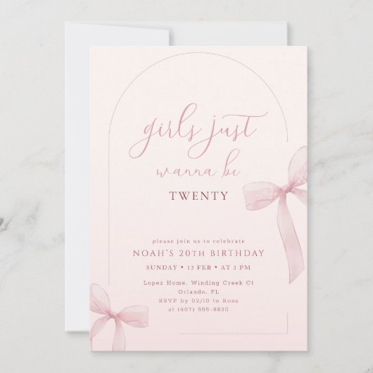 Pink Bow Arch Frame Girl 20th Birthday Invitation (Devant)