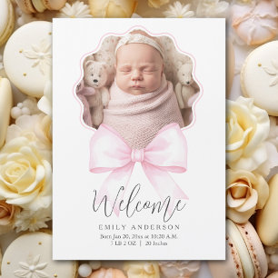 Pink Bow Baby Girl Photo Faire-part de naissance