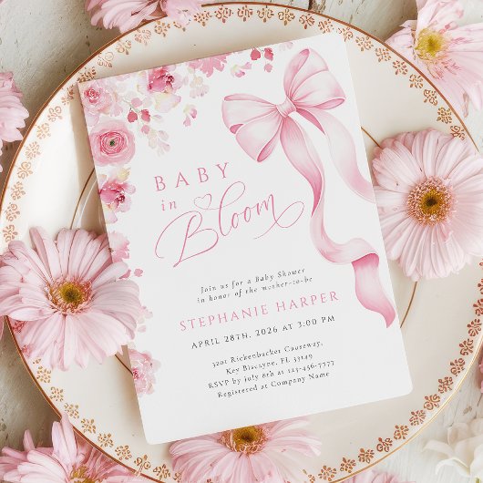 Pink Bow Baby In Bloom Baby Shower Invitation 