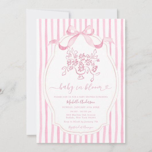 Pink Bow Baby in Bloom Baby Shower Invitation Kaart (Voorkant)