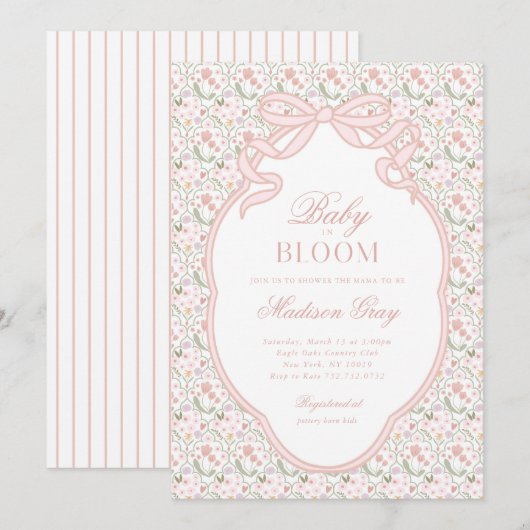 Pink Bow Baby in Bloom Baby shower Uitnodiging (Voorkant / Achterkant)