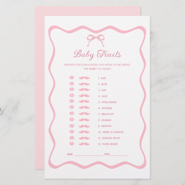 Pink Bow Baby shower Baby Traits spel (Voorkant / Achterkant)