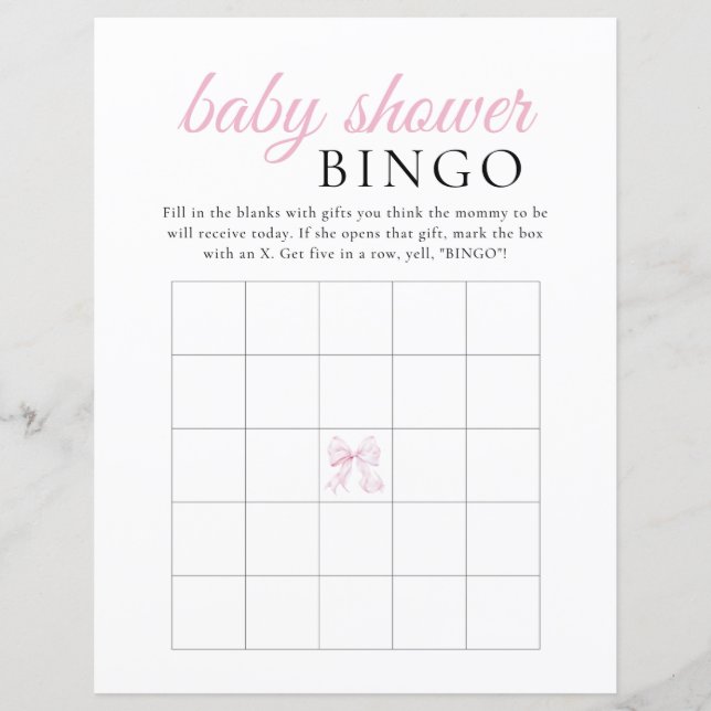 Pink Bow Baby shower BINGO spel (Voorkant)