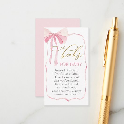 Pink Bow Baby shower Boeken voor Baby Informatiekaartje (Voorkant / Achterkant in situ)