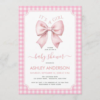 Pink Bow Baby Shower Gingham Plaid It's a Girl  Kaart