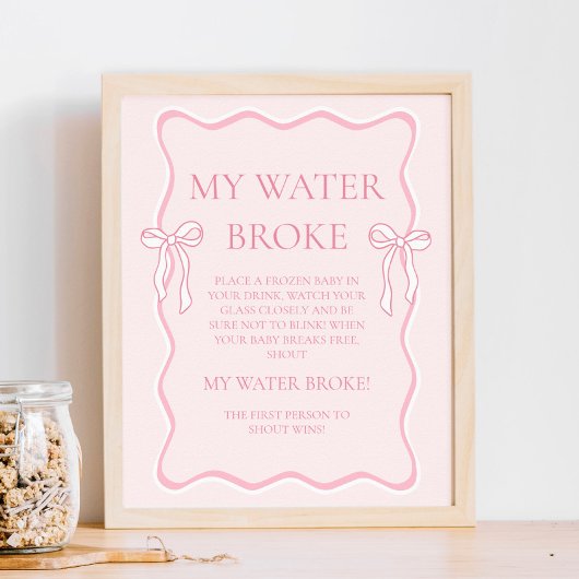 Pink Bow Baby shower My Water Broke spel Poster
