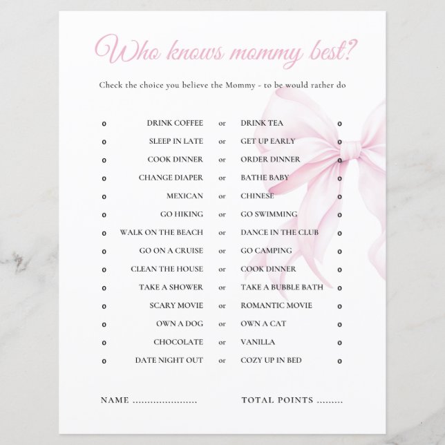 Pink Bow Baby shower Wie kent mama beste spel (Voorkant)
