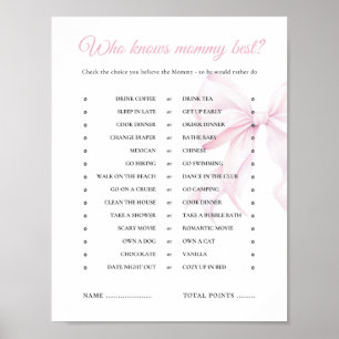 Pink Bow Baby shower Wie kent mama beste spel Poster
