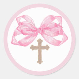Pink Bow Baptism Envelope Seal Sticker Cross Round