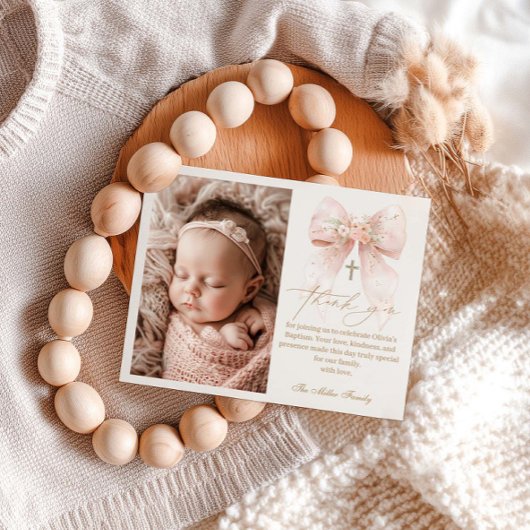 Pink Bow Baptism Flat Thank You Card Bedankkaart