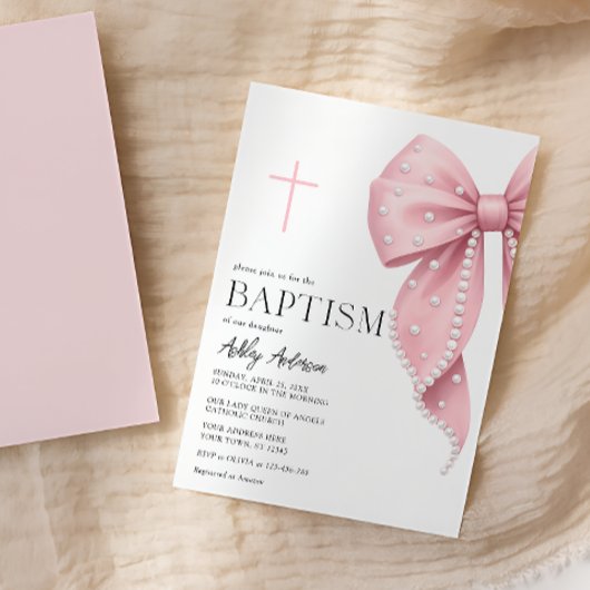Pink Bow Baptism Girl Invitation