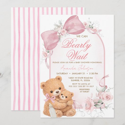 Pink bow Bearly Wait Baby Shower Invitation (Devant / Derrière)