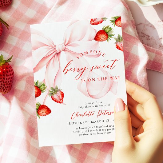 Pink Bow Berry Sweet Baby Shower Invitation