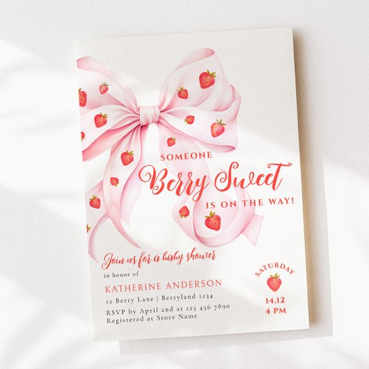 Pink Bow Berry Sweet Baby shower Kaart