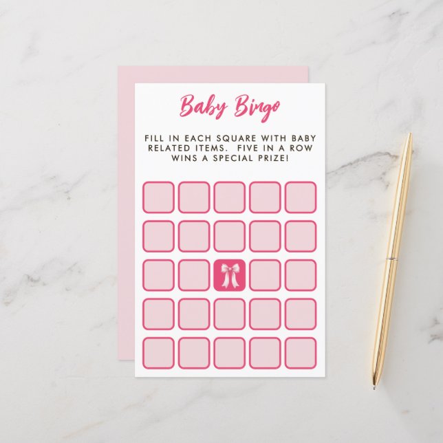 Pink Bow Bingo Baby Shower Game (Voorkant / Achterkant in situ)