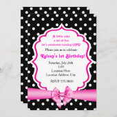 Pink Bow Black White Polka Dot Party Invitation (Devant / Derrière)