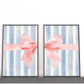 Pink Bow Blue Watercolor Stripes, Girly Aesthetic Muurkunst Sets