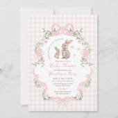 Pink Bow Bunny Gingham Floral Girl Baby Shower Kaart (Voorkant)