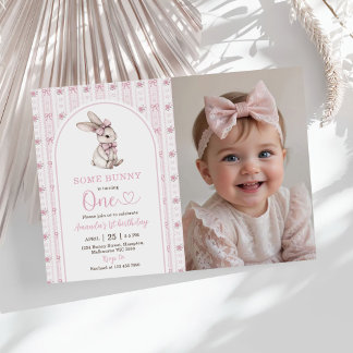 Pink Bow Bunny Vintage Rabbit 1st Birthday Photo Kaart