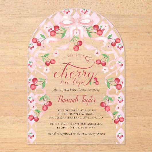 Pink Bow Cherry Baby shower Acryl Uitnodigingen (Voorkant)