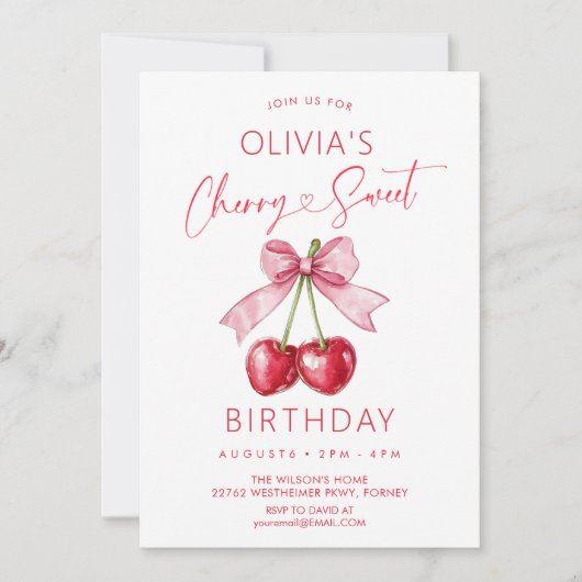 Pink bow cherry girl birthday kaart (Voorkant)