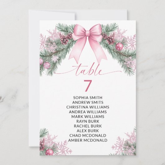 Pink Bow Christmas Table Number Seating Chart Kaart (Voorkant)