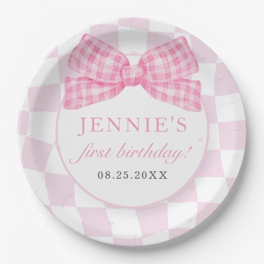 Pink Bow Coquette 1e Verjaardagsfeest Papieren Bordje (Voorkant)