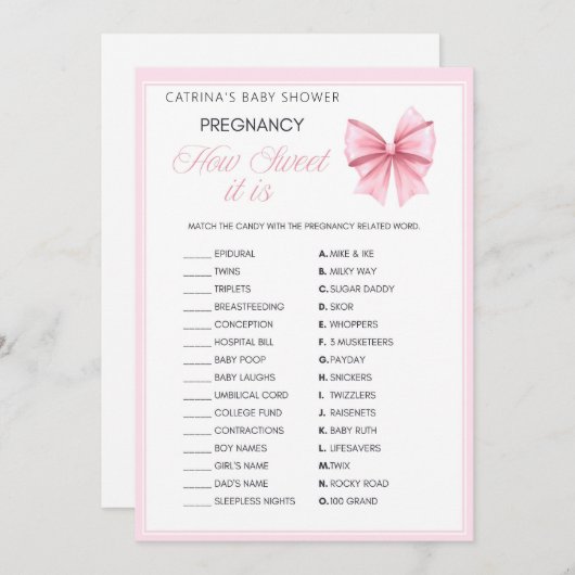 Pink Bow Coquette Baby shower - Bewerkbare naam, 5 Kaart (Voorkant / Achterkant)